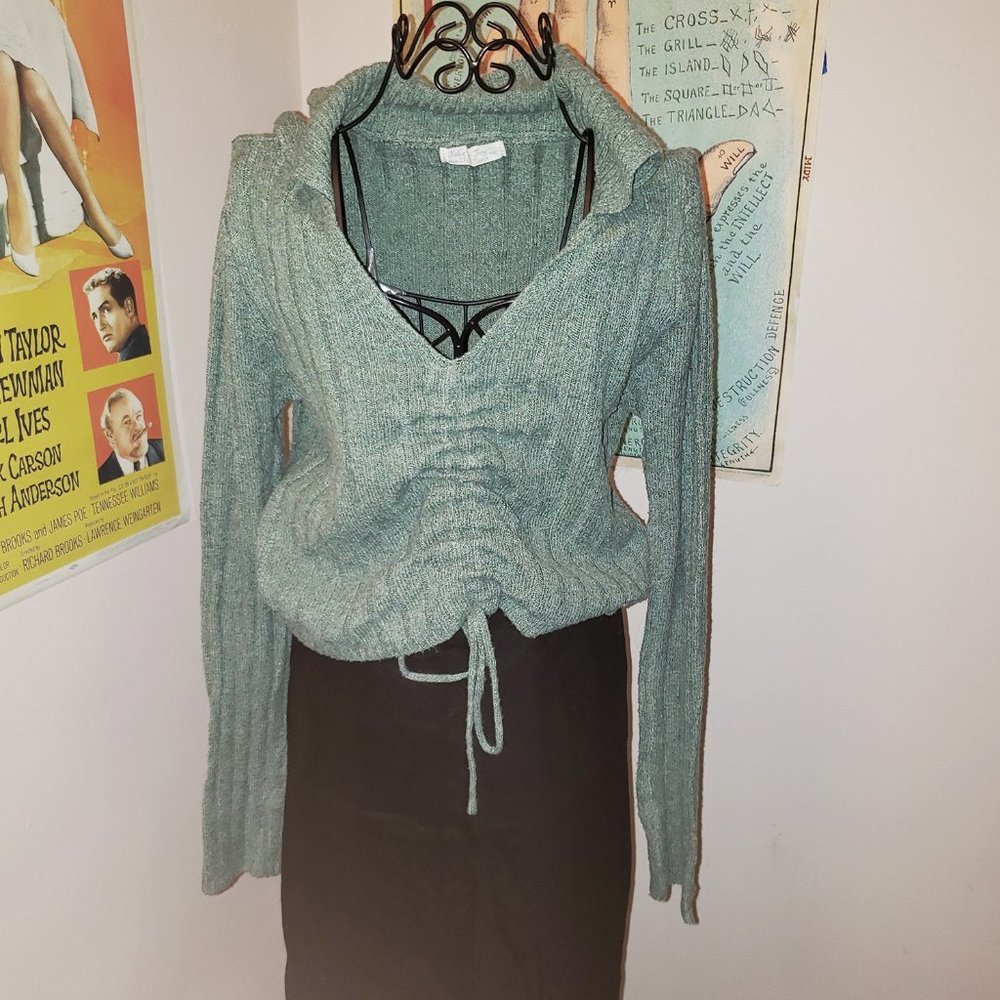 SOLD Cropped Sage Olive Green Boho Sweater Collar Ruching Drawstrong M L